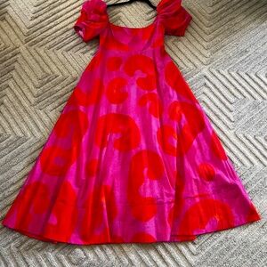 Deloreta hot pink and orange print midi dress, size Medium
